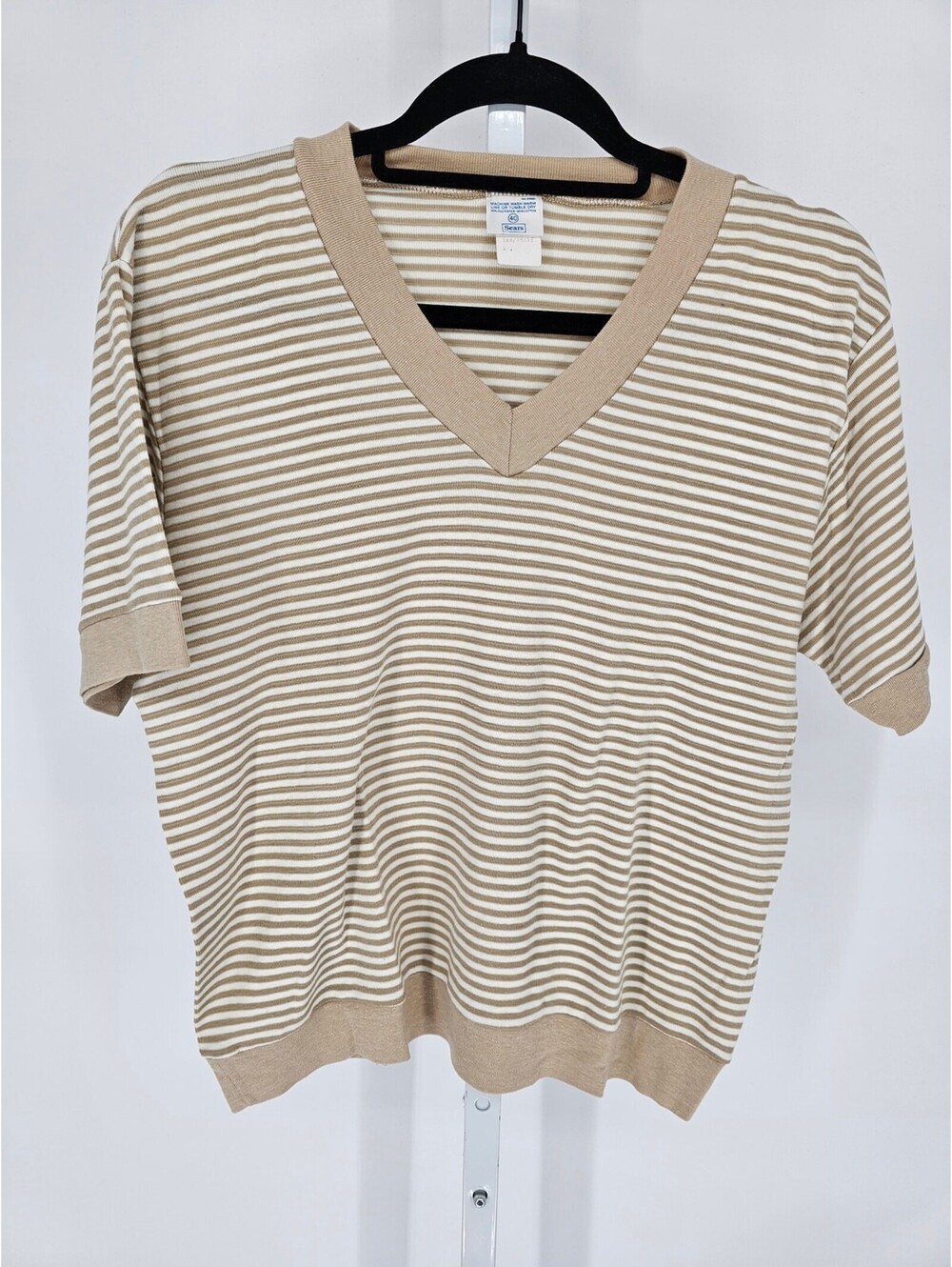 Vintage 1970s Sears Womens Sz M Short Sleeve V Neck Knit T Shirt Beige Striped